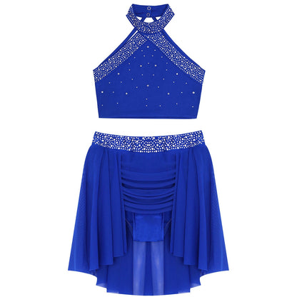 Girls Rhinestones Dance Outfit Tops & Skirt Set (Age 6-16 YRS)