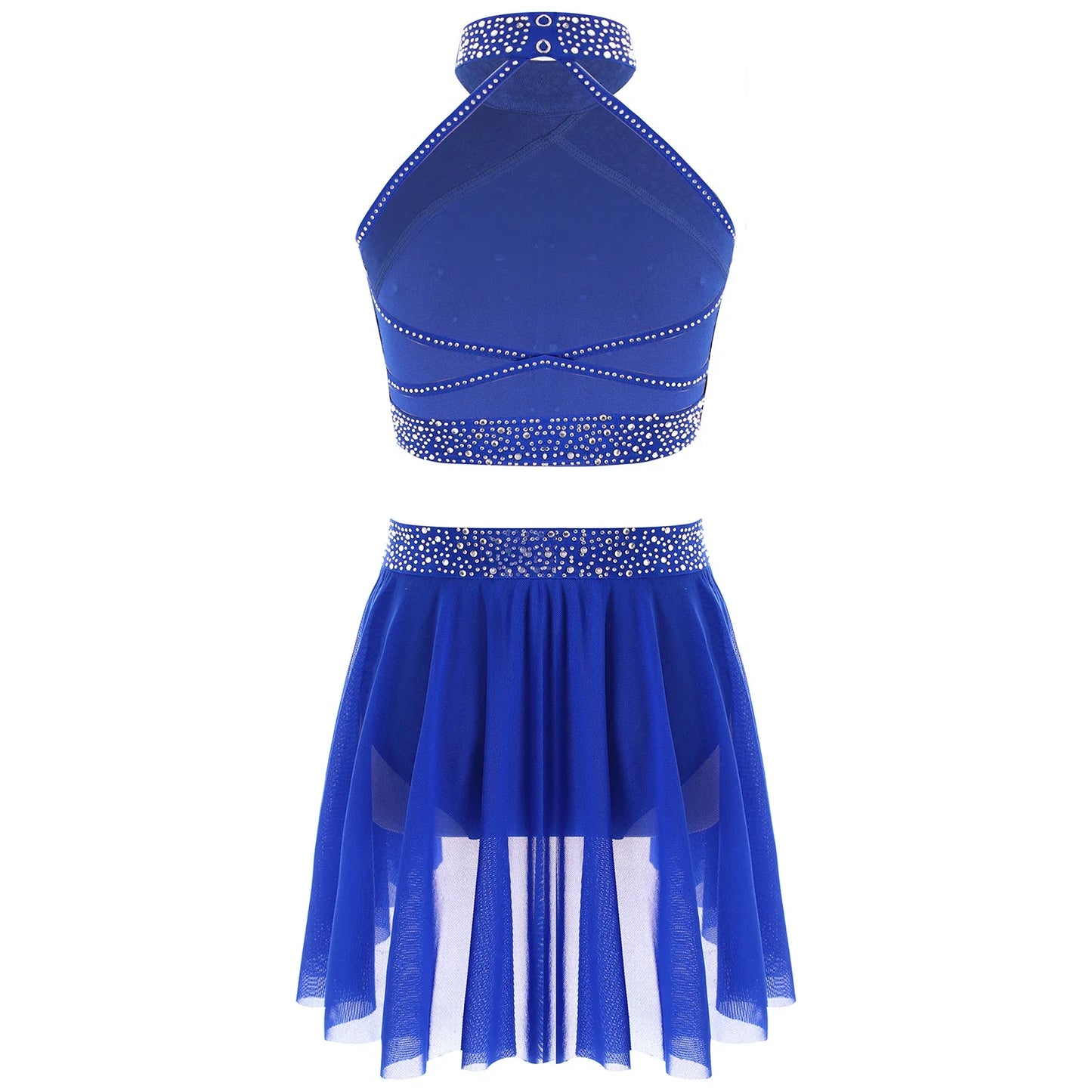 Girls Rhinestones Dance Outfit Tops & Skirt Set (Age 6-16 YRS)