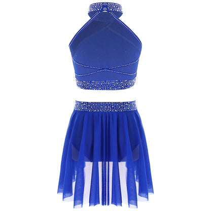Girls Rhinestones Dance Outfit Tops & Skirt Set (Age 6-16 YRS)