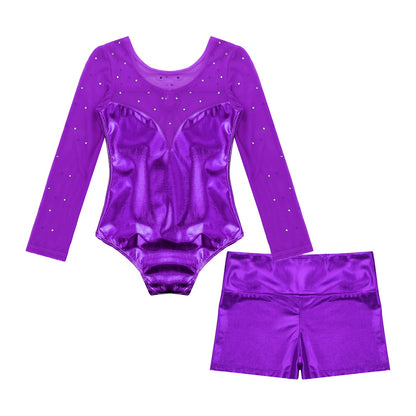 Girls Rhinestone Metallic Dance Bodysuit & Shorts Set (Age 4-12 YRS)