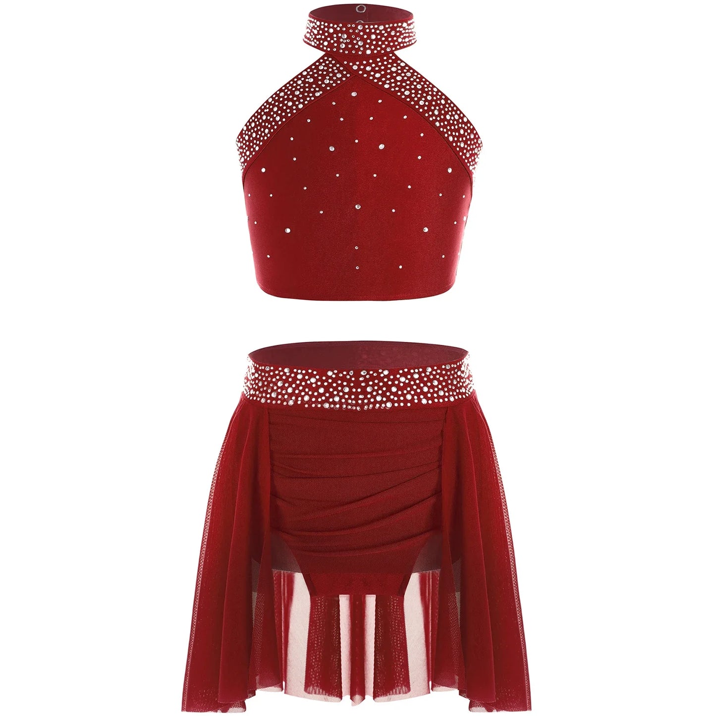 Girls Rhinestones Dance Outfit Tops & Skirt Set (Age 6-16 YRS)