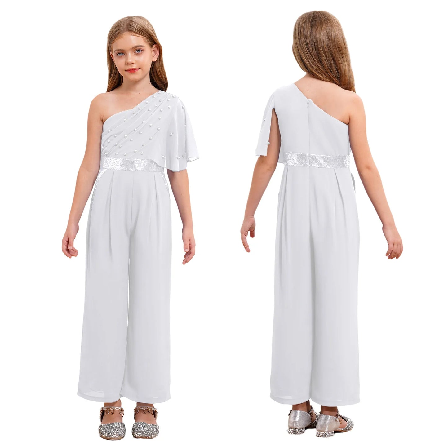 Girls One Shoulder PearlSequin Ruffled Wide Leg Jumpsuit (Age 6-14YRS)