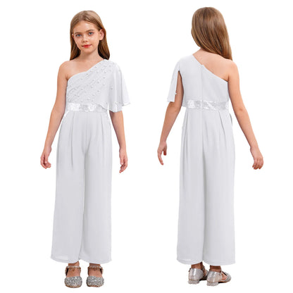 Girls One Shoulder PearlSequin Ruffled Wide Leg Jumpsuit (Age 6-14YRS)