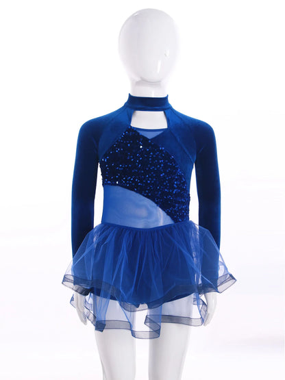 Girls Figure Skating Dance Costume Sequin Long Sleeve Velvet Mesh Leotard Dress (Age 6-14 YRS)