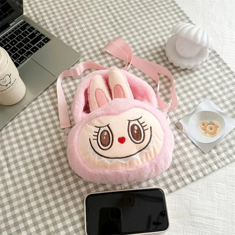 Labubu Plush Crossbody Bag | Soft Kawaii Shoulder Bag with Zipper Pink