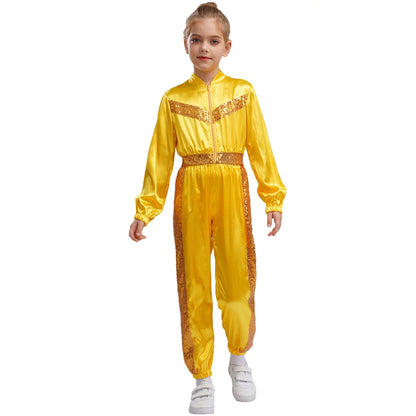 Girls Sequin Satin m Long Sleeve Zipper Jumpsuit (Age 6-16 YRS)
