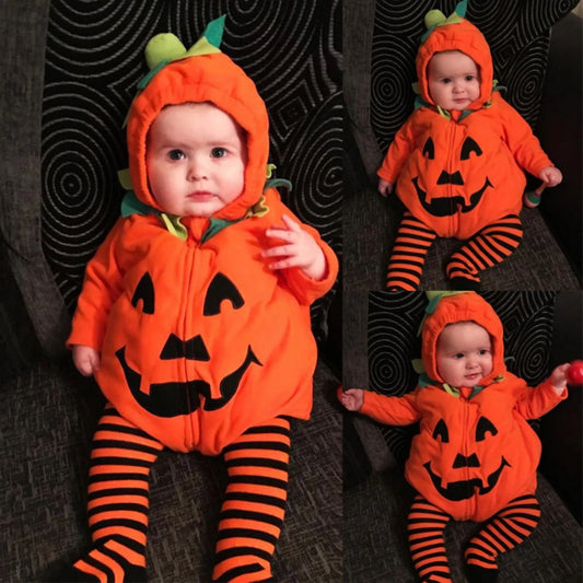 Halloween Costume For Infant Boys Girls Long-Sleeved Hood Jumpsuit Baby Party Cosplay Pumpkin Warm Soft Cotton Clothing Saffron