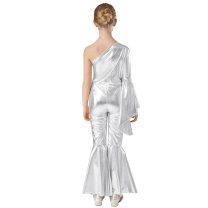 Girls Dance Metallic One Shoulder Bell-Bottom Jumpsuit (Age 6-16YRS)