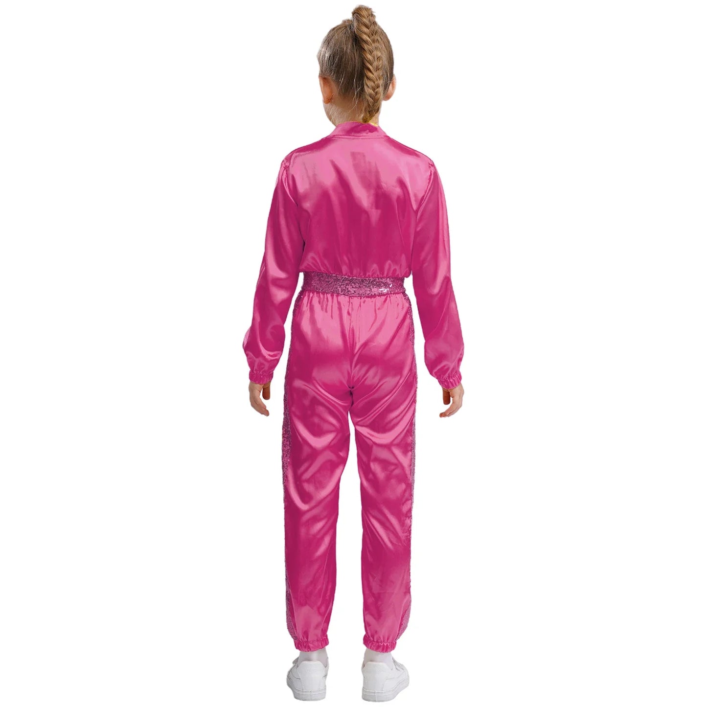 Girls Sequin Satin m Long Sleeve Zipper Jumpsuit (Age 6-16 YRS)