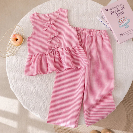 Girls' Pink Stripe Sleeveless Vest Top & Trousers Set (Age 3-7 YRS) Pink