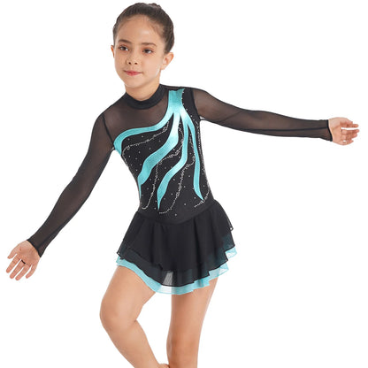 Girls Rhinestone Figure Skating Leotard Dress (Age 6-16 YRS)
