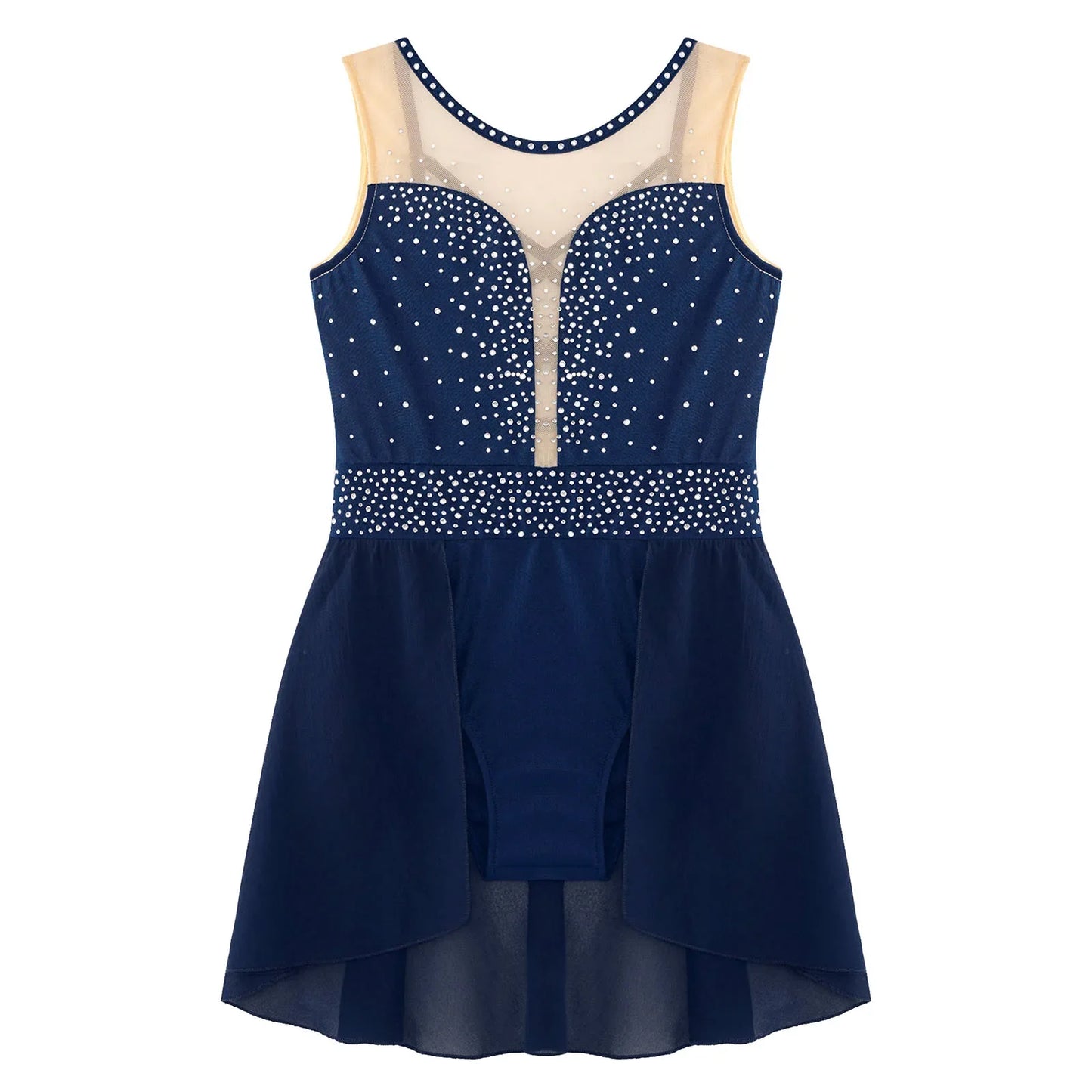 Rhinestone Gymnastics Figure Skating Dress for Teen Girls Sleeveless Sheer Mesh Tutu Ballet Leotard Lyrical Performance Costume