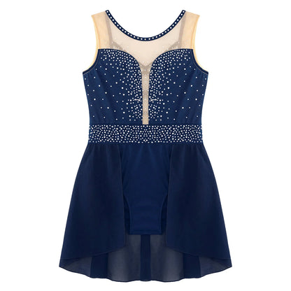 Rhinestone Gymnastics Figure Skating Dress for Teen Girls Sleeveless Sheer Mesh Tutu Ballet Leotard Lyrical Performance Costume
