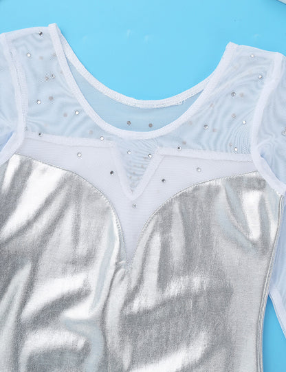 Girls Rhinestone Metallic Dance Bodysuit & Shorts Set (Age 4-12 YRS)