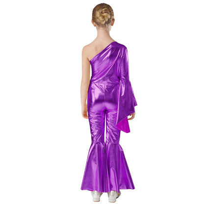 Girls Dance Metallic One Shoulder Bell-Bottom Jumpsuit (Age 6-16YRS)