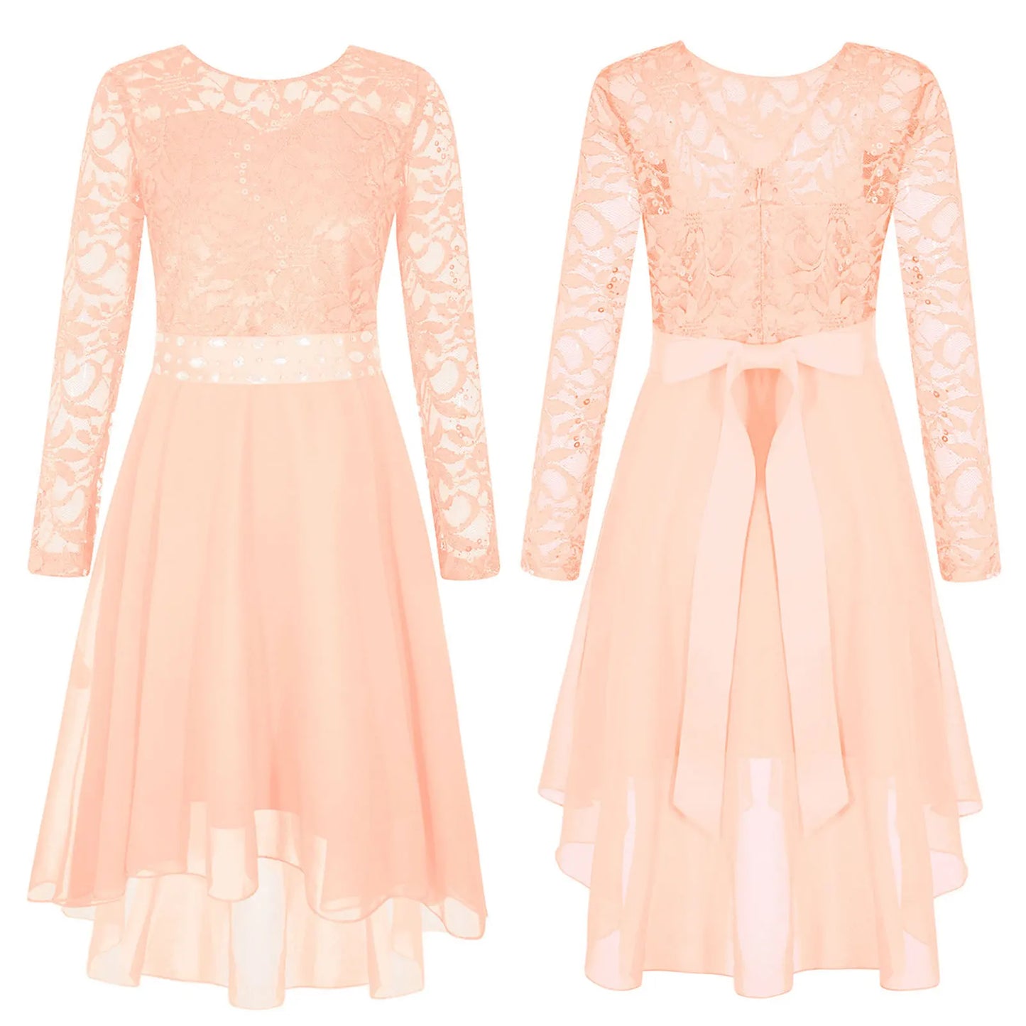 Girls Lace Chiffon Long Sleeve High-Rhinestone Sash Dress (Age 6-16 YRS)