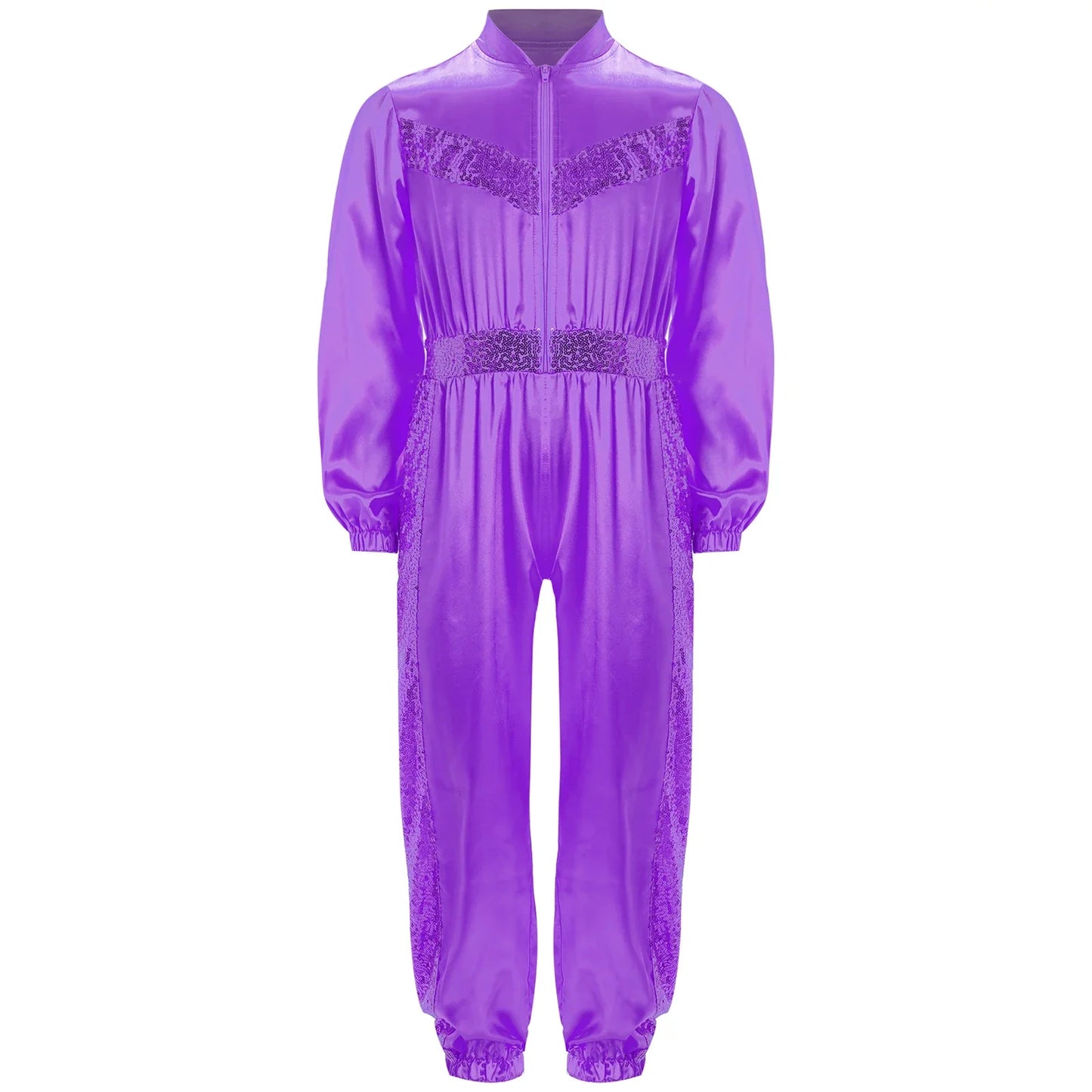 Girls Sequin Satin m Long Sleeve Zipper Jumpsuit (Age 6-16 YRS)