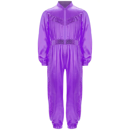 Girls Sequin Satin m Long Sleeve Zipper Jumpsuit (Age 6-16 YRS)