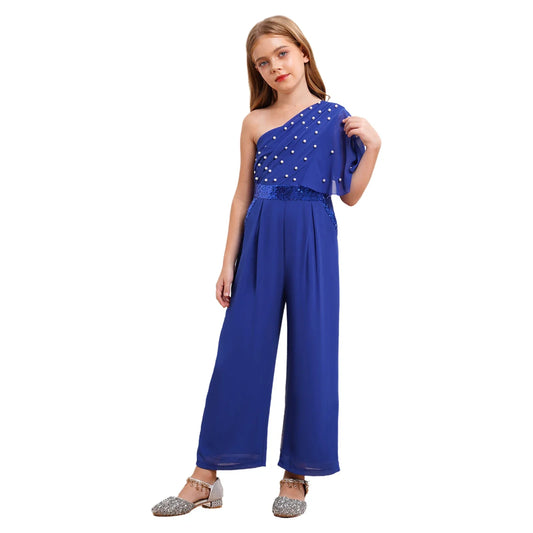 Girls One Shoulder PearlSequin Ruffled Wide Leg Jumpsuit (Age 6-14YRS)