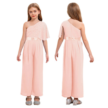 Girls One Shoulder PearlSequin Ruffled Wide Leg Jumpsuit (Age 6-14YRS)