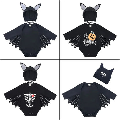 Skeleton Black Bat Costume for Baby 3-6M 6-12M 12-24M Purim Halloween Costumes Romper Hat 2pcs/set