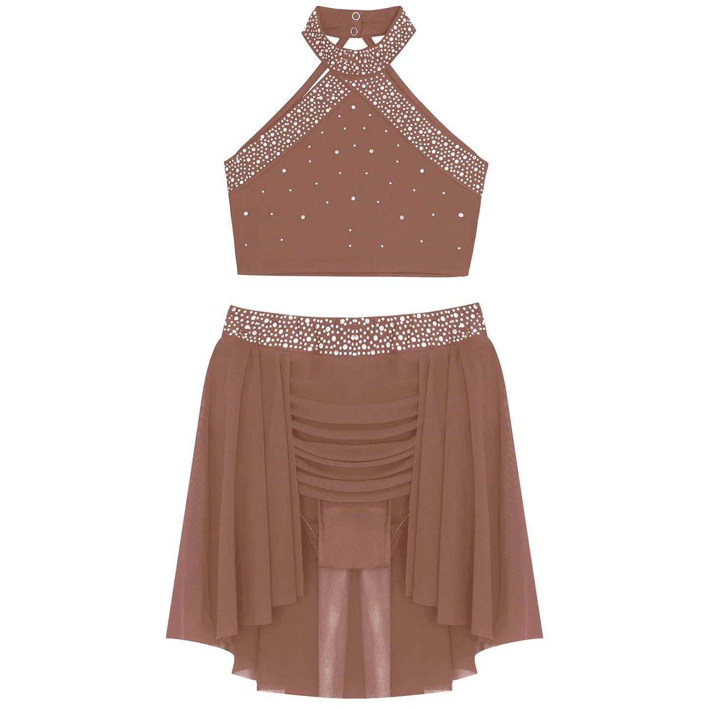 Girls Rhinestones Dance Outfit Tops & Skirt Set (Age 6-16 YRS)