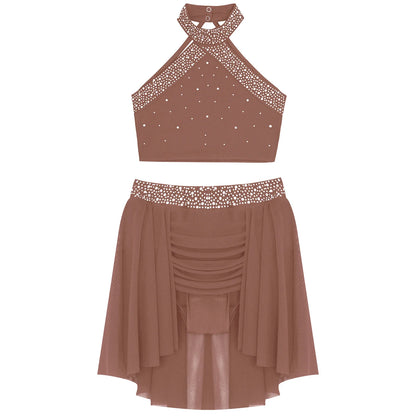 Girls Rhinestones Dance Outfit Tops & Skirt Set (Age 6-16 YRS)