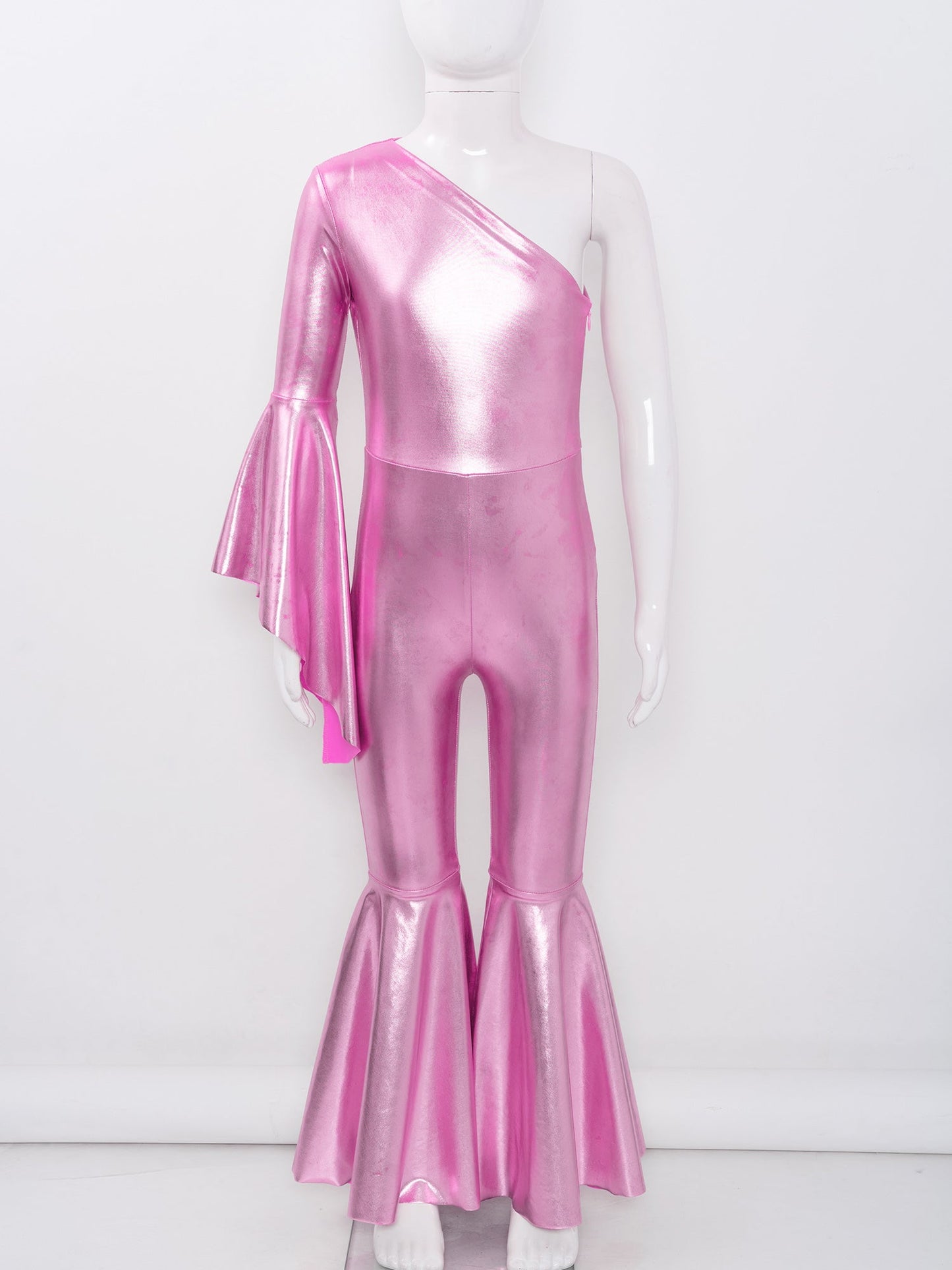 Girls Dance Metallic One Shoulder Bell-Bottom Jumpsuit (Age 6-16YRS)