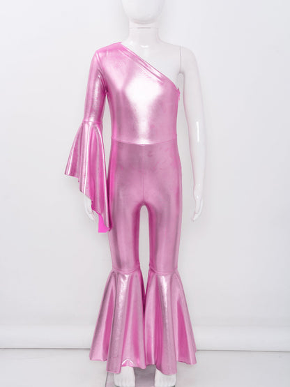 Girls Dance Metallic One Shoulder Bell-Bottom Jumpsuit (Age 6-16YRS)