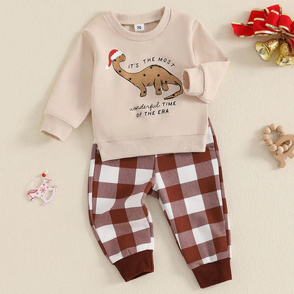 Baby/Toddler Boys Christmas Dinosaur Top & Checked Trousers Outfit (Age 6M-3YRS)