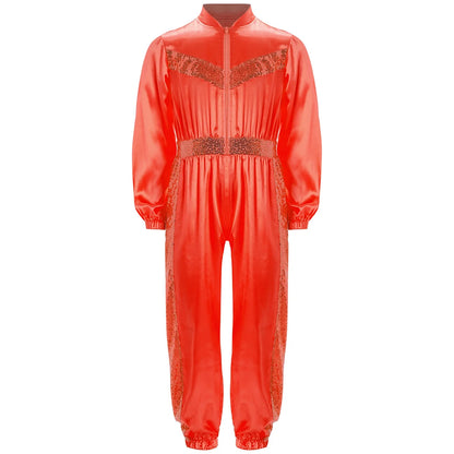 Girls Sequin Satin m Long Sleeve Zipper Jumpsuit (Age 6-16 YRS)