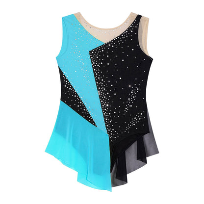 Rhinestone Gymnastics Figure Skating Dress for Teen Girls Sleeveless Sheer Mesh Tutu Ballet Leotard Lyrical Performance Costume