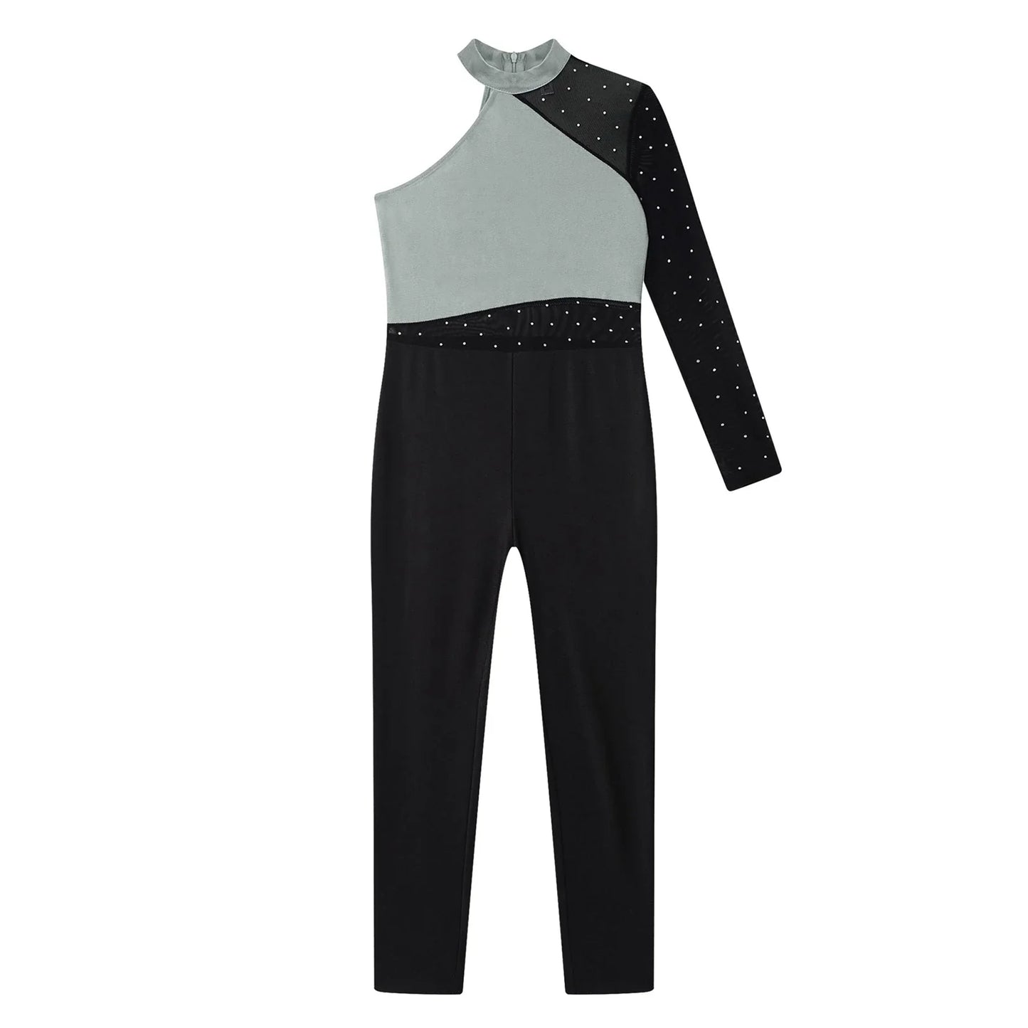 Girls Gymnastics Rhinestones Sheer Mesh Jumpsuit (Age 6-16 YRS)