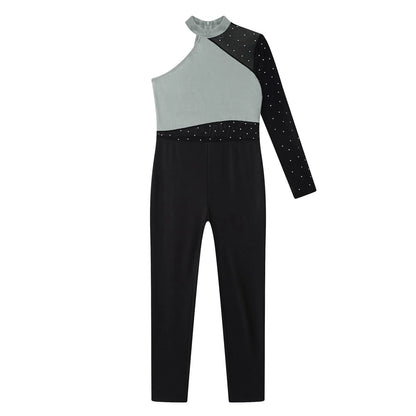 Girls Gymnastics Rhinestones Sheer Mesh Jumpsuit (Age 6-16 YRS)