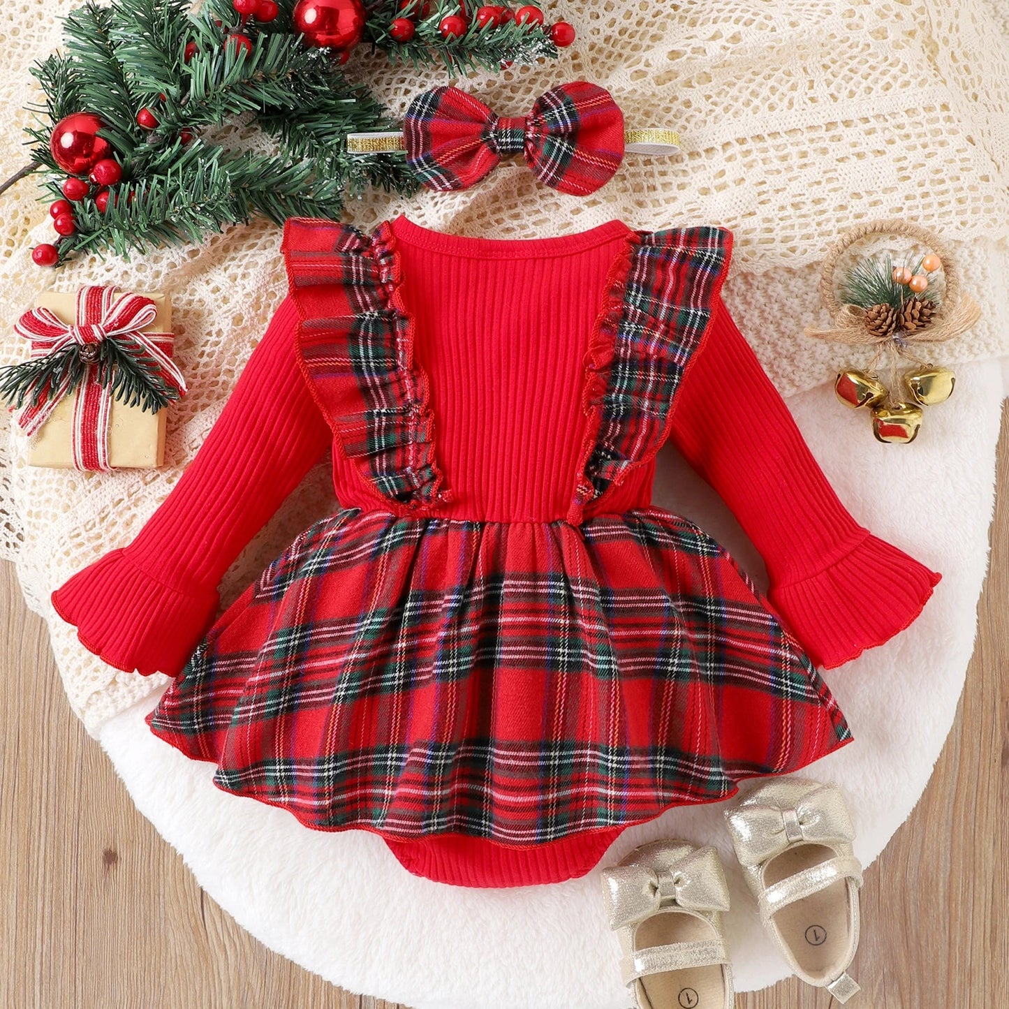Baby Girls Red Plaid Christmas Romper Dress (Age Newborn-18M)
