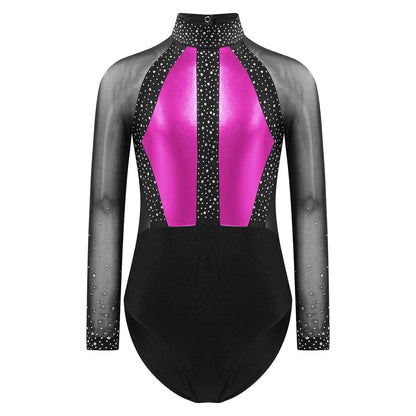 Girls Dance Performance Costume Long Sleeve Rhinestone Leotard (Age 6-16 YRS)