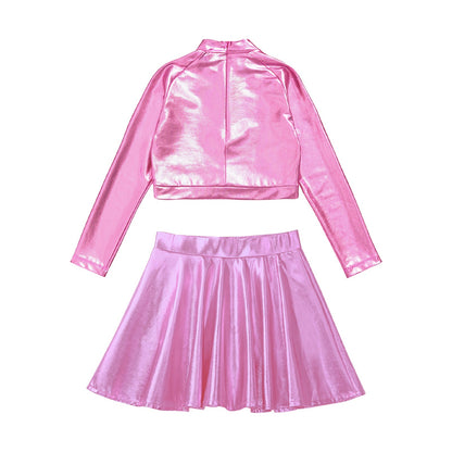 Girls Dance Metallic Long Sleeve Sequin Crop Top & Skirt (Age 6-14YRS)