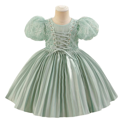 Baby Girls Princess Puff Sleeves Satin Faux Pearls Pleated Tulle Dress (9M-5YRS)
