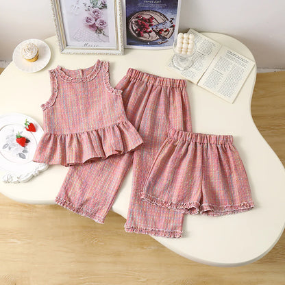 Girls/Boys Plaid Print Top & Wide Leg Trousers & Shorts Set (Age 3-7 YRS) Pink