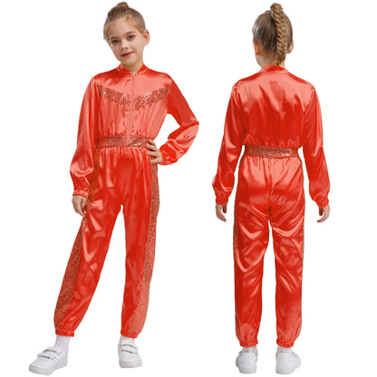Girls Sequin Satin m Long Sleeve Zipper Jumpsuit (Age 6-16 YRS)