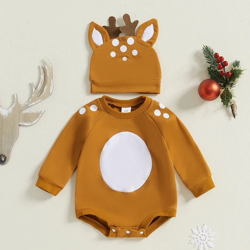 Baby Girls/Boys Reindeer Christmas Romper & Hat (Age Newborn-18M)