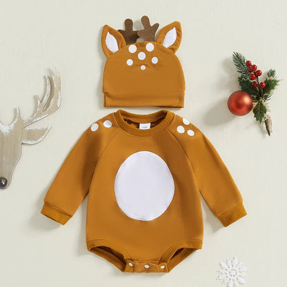 Baby Girls/Boys Reindeer Christmas Romper & Hat (Age Newborn-18M)