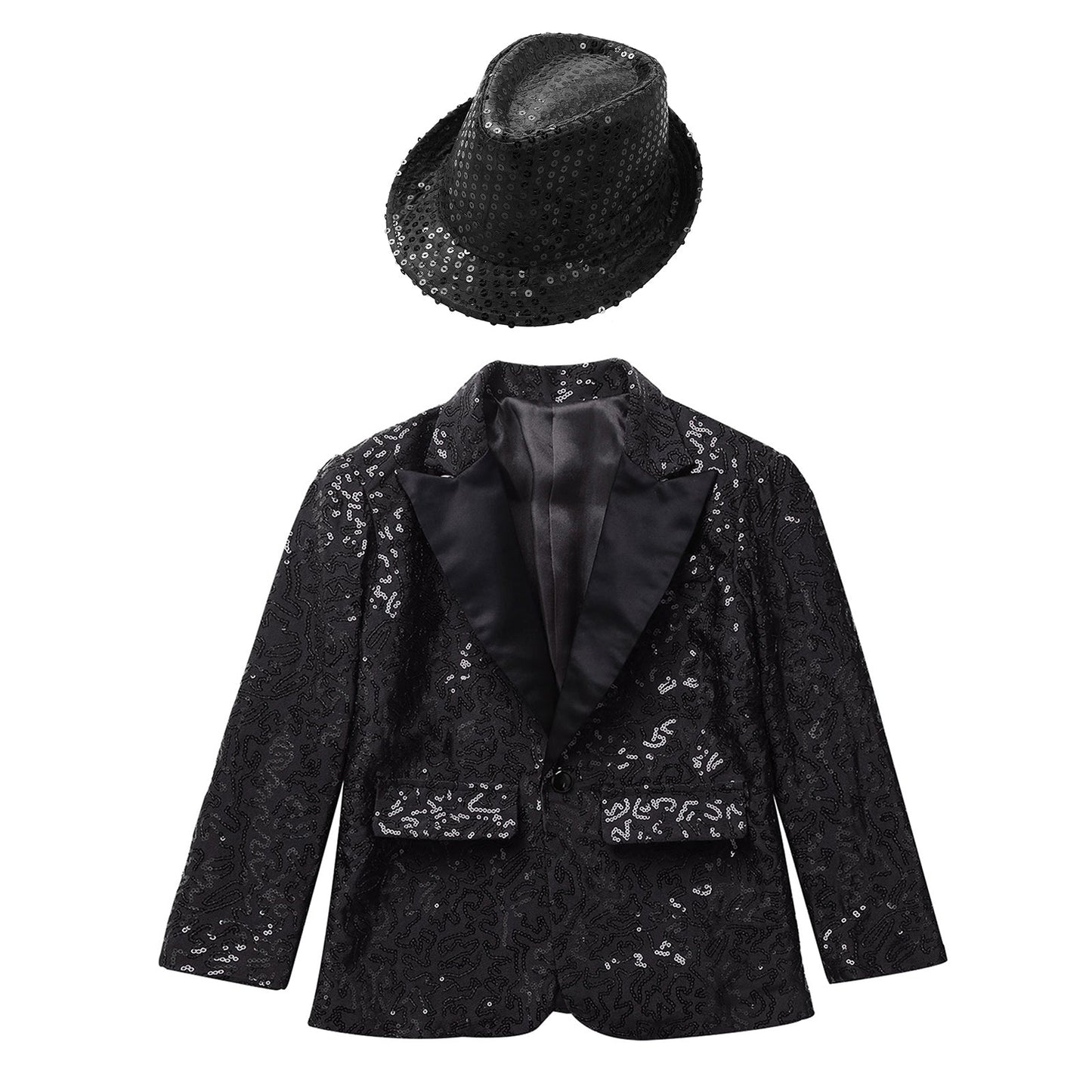 Boys Sequin Dance Tuxedo Jacket Suit & Fedora Hat (Age 6-16 YRS)