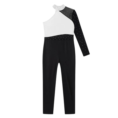 Girls Gymnastics Rhinestones Sheer Mesh Jumpsuit (Age 6-16 YRS)