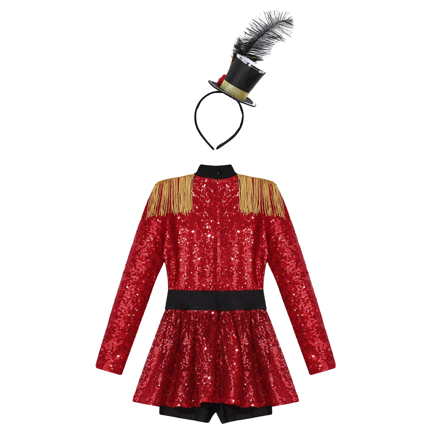 Girls Halloween Circus Ringmaster  Costume Long Sleeve Sequin Leotard Dress (Age 6-14YRS)