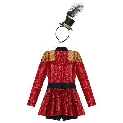 Girls Halloween Circus Ringmaster  Costume Long Sleeve Sequin Leotard Dress (Age 6-14YRS)