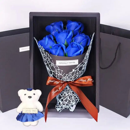 Artificial Rose Bouquet Bear Gift Box - Christmas Birthday Valentines Blue