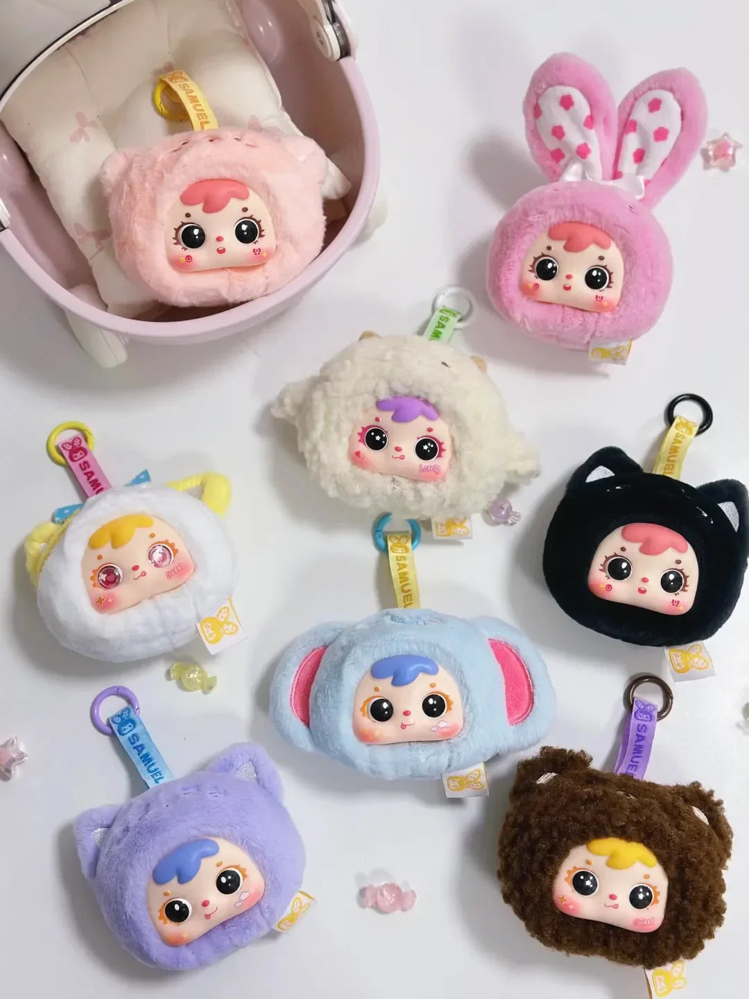 Samuel Mini Fortune Bunny & Baby Animals Blind Box - Cute Vinyl Plush Doll Bag Charm Set, Adorable Girl's Gift Collection