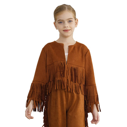Kids Western Cowboy Cowgirl Costume Long Sleeve Tassels Fringe Jacket (Age 6-16YRS)