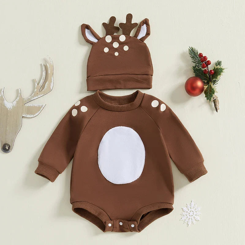 Baby Girls/Boys Reindeer Christmas Romper & Hat (Age Newborn-18M)